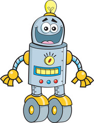 Cartoon illustration of a happy robot with wheels for feet.