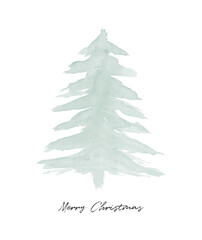 Merry Christmas. Watercolor Painting with Green Christmas Tree on a White Background. Lovely Vector Print ideal for Card, Wall Art, Greetings. Lovely Pastel Color WInter Holidays Art.