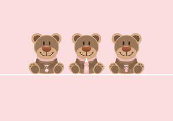 Karte 3 Teddys Babysymbole Mädchen Rosa