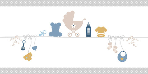 Schmale Karte Babysymbole Junge Retroblau Senfgelb Kanten Punkte Grau