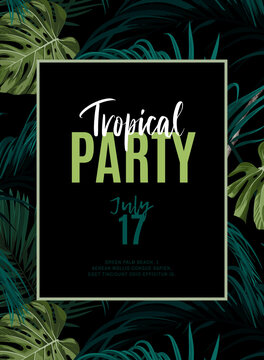 Dark tropical design with exotic monstera and royal palm leaves, blue macaws and branches. Vector illustration.