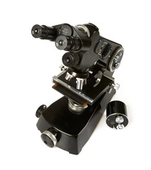 black vintage microscope isolated on white background