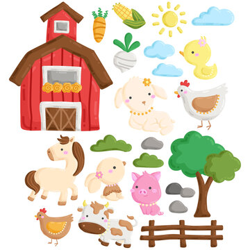 A Vector Set of Cute Farm Animal and Barnyard Doodle in the Morning