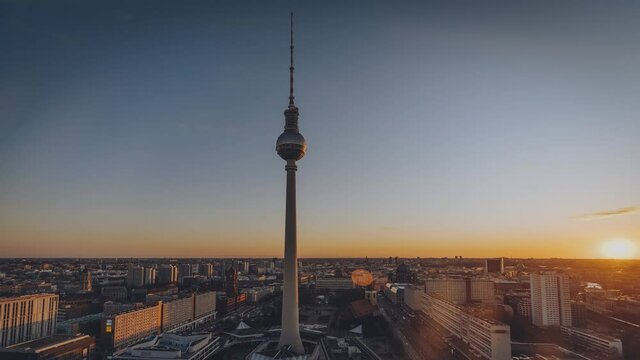 Berlin sunrise sunset 4k Timelapse Video clip of TV Tower Day to Night Timelapse. Time Lapse of Berlin with Alexanderplatz and beautiful city lights.
