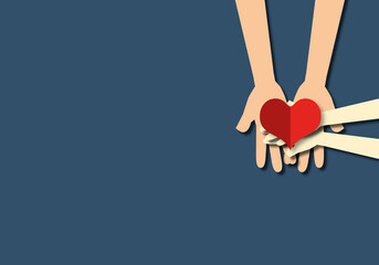 Hand holding a heart,  family love, warmth, unity, oneness, care, protection, encourage, concept family, happy mother's day, paper cut style.