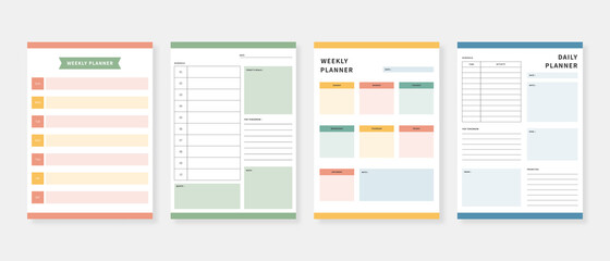 Modern planner template set. Set of planner and to do list. Monthly, weekly, daily planner template. Vector illustration.
