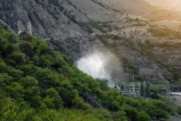 Evening view of the Gunibskaya HPP in Dagestan. Water discharge in hydroelectric power plants