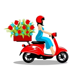Foto op Plexiglas Flower delivery girl on a scooter on a white background in vector EPS8 © KLUSER