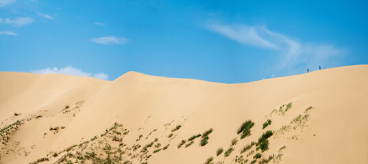 Fototapeta na wymiar A wide panorama of a large dune with a small silhouette of people walking on it against the blue sky