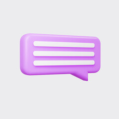 Purple 3d bubble talk isolated on gray background. Glossy purple speech bubble, dialogue, messenger shape. 3D render vector icon for social media or website
