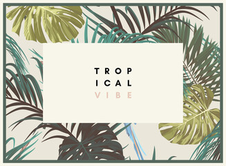 Vintage tropical design with exotic monstera and royal palm leaves, blue macaws and branches. Vector illustration.