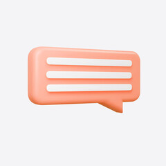 Orange 3d bubble talk isolated on gray background. Glossy coral speech bubble, dialogue, messenger shape. 3D render vector icon for social media or website