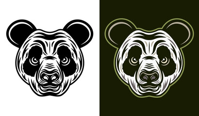 Panda head in two styles monochrome on white and colorful on dark background vector illustration