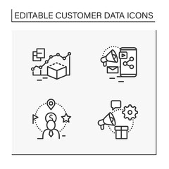 Customer data platform line icons set. Predictive modeling, content marketing, client attributes, marketing campaigns. Customer data concepts. Isolated vector illustrations.Editable stroke