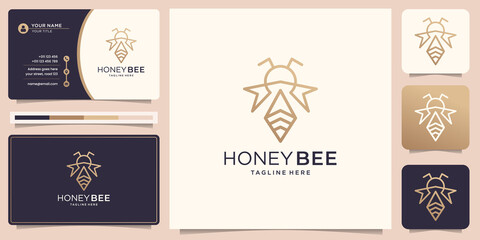 honey bee line logo design. vector symbol illustration gold and business card template .premium vector