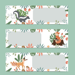 Set of cute woodland with deer,fox,mushroom.Vector illustration for baby invitation, kid birthday invitation,banner and postcard
