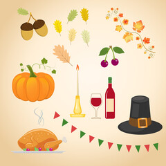 Thanksgiving elements set. Vector illustration. Icons, signs, templates for design. For various purposes of design.