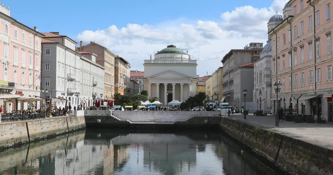 San Antonino Nuovo Church and Grand Canal Sunny Winter Day in Trieste Italy