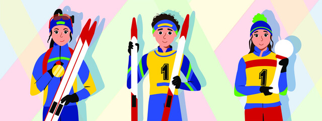 Biathlon set. Winter sports. Biathlete. Athletes with an award. Skiers and biathlons. Stock vector flat illustration.