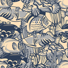 Fototapeta na wymiar Colored seamless pattern with coral reef, fish on a nautical theme. Ideal for textile printing, wallpaper, and packaging