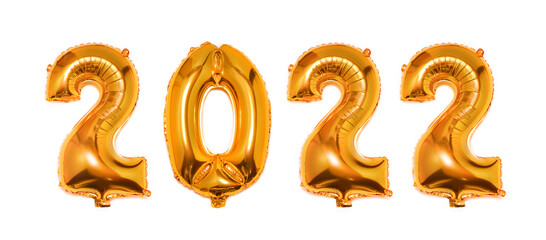 Foil Golden Christmas 2022 balloons in form of numbers isolated on white background. Happy New Year 2021. Flat lay, top view.