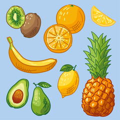 Fruit sketches: kiwi, banana, orange, lemon, artichoke, pineapple, hand-drawn.