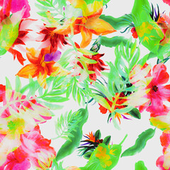Green Hibiscus Foliage. Yellow Flower Design. Pink Watercolor Backdrop. Red Floral Set. Colorful Seamless Wallpaper. Orange Pattern Design. Tropical Wallpaper.