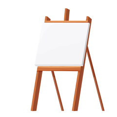 Wooden easel empty blank paper mock up in cartoon style isolated on vector white illustration. Artist equipment, advertising board.