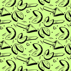 Fortune cookies seamless pattern drawn in sketch style