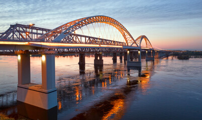 Aerial late evening view on the bridge over the Volga river