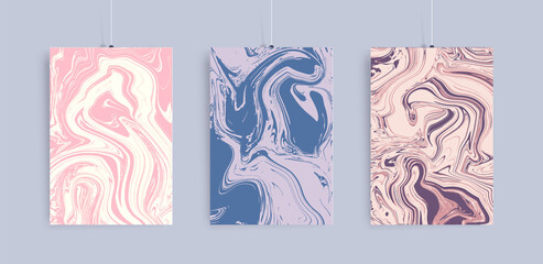 Trendy cover design with liquid background. Marble vector texture set