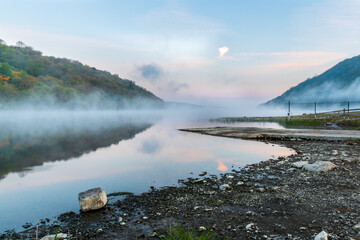 Cold foggy morning at the Derravaragh lake near Mullingar, Ireland