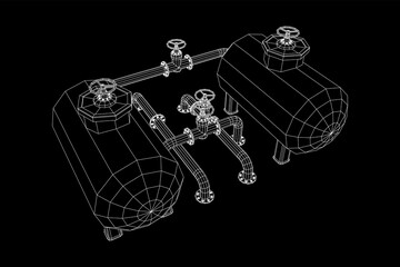 Oil tank storage of flammable materials and pipeline with valve. Finance economy polygonal petrol production. Petroleum fuel industry transportation line. Wireframe low poly mesh vector illustration.