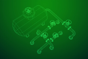Oil tank storage of flammable materials and pipeline with valve. Finance economy polygonal petrol production. Petroleum fuel industry transportation line. Wireframe low poly mesh vector illustration.