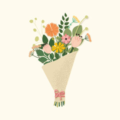 Bouquet of flowers in brown craft paper with noises. Flowers in cut paper style. Delicate bouquet with summer flowers and leaves on a beige background