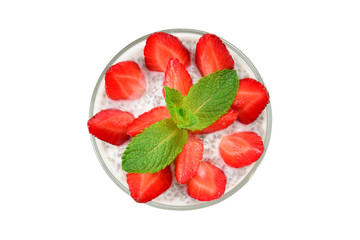 Chia pudding with strawberry and mint on a white background. Space for text or design.