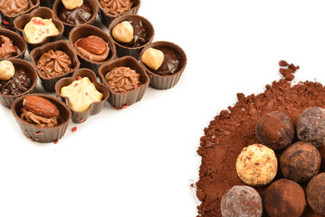 Mix of tasty chocolate candy collection isolated on white. Copy space.