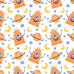 Cute cartoon aliens seamless pattern. UFO pattern. Cute monsters seamless pattern.