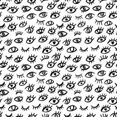 Fototapeta na wymiar Eye seamless pattern with abstract doodle look. Simple style print design with hand drawn evil eyes. Hipster graphic pattern for packaging, fabric design.