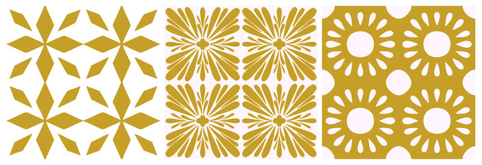 Tile portugal seamless pattern. Gold color floral geometric background. Traditional azulejo repeat ornament. Vector monochrome pattern.Abstract vintage print for fabric,packaging,floor.Scrapbook paper