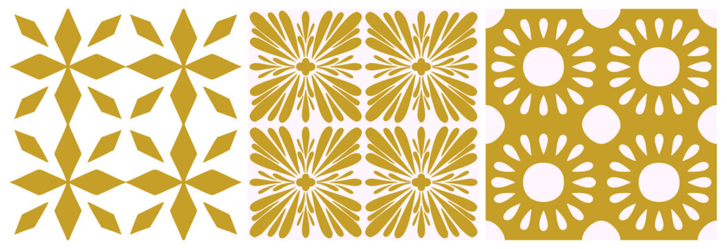 Tile portugal seamless pattern. Gold color floral geometric background. Traditional azulejo repeat ornament. Vector monochrome pattern.Abstract vintage print for fabric,packaging,floor.Scrapbook paper