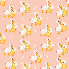 Animal character goose with goose feather pillow seamless pattern in cartoon style