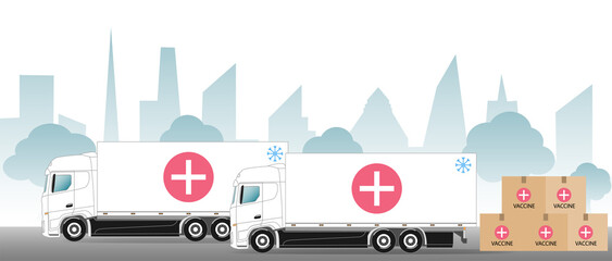 Fototapeta na wymiar Covid-19 vaccine delivery. Shipping the coronavirus vaccine. Two cold storage trucks, boxes with vaccine, landscape. Vector illustration.