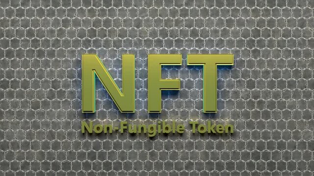 Golden NFT Crypto Art currency concept. Non Fungible Token with light flashing on abstract background. 3d Rendering.  seamless loop.