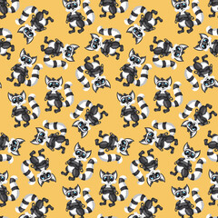 Animals character raccoon with sleep mask seamless pattern in cartoon style