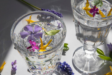 Clean drinking water in glasses. A glass with water and many flowers mini with drops of water on white background. Minimal flowers concept in hard light with shadows. 