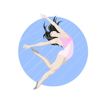 The dancer jumps in the cural.
Blue round background