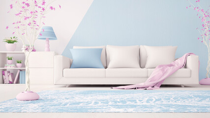 Interior design of a modern living room in blue, with a white sofa and a pink plaid, 3d rendering