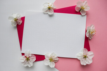 postcard mockup from spring flowers and white blank for text 