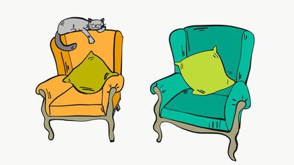Two isolated hand drawn chairs with cat in cartoon style